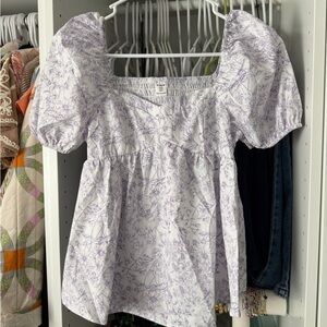 SHEIN White and Purple Floral Puff Sleeve Blouse
